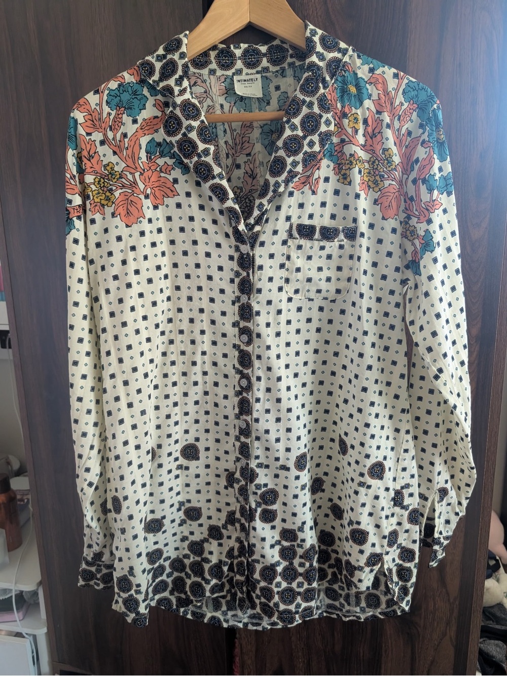 Free People Printed Button-Up Blouse with Coral Floral Accents